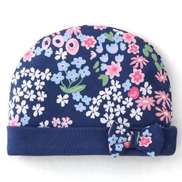 Babyhug 100% Cotton Knit Cap Floral Printed with Bow Applique- Navy Blue-image-45
