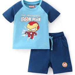 Babyhug Marvel 100% Cotton Single Jersey Knit Raglan Sleeves T-Shirt and Shorts Iron Man Graphics - Blue-image-98