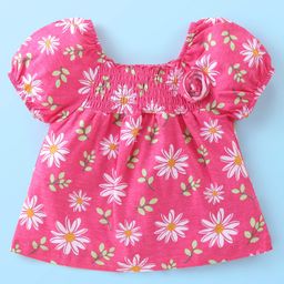 Babyhug Cotton Knit Half Puffed Sleeves Top Floral Print &  Applique With Smocking Detailing - Pink-picture-15
