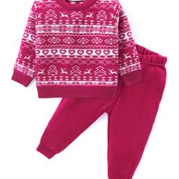 Babyhug Knit Full Sleeves Sweater Set with Design - Red-image-74