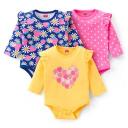 Babyhug 100% Cotton Interlock Full Sleeves Onesies Polka Dots & Floral Print Pack of 3 - Multicolour-image-11
