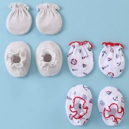 Ben Benny 100% Cotton Knit Mitten & Booties Set Solid & Nautical Theme  Print Pack of 2- Grey & White-12