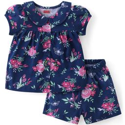 Babyhug Cotton Knit Half Sleeves Peter Pan Collared Night Suit With Floral Print - Navy-image-60