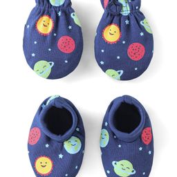 Babyhug 100% Cotton Knit Mitten & Booties With Star Print - Navy Blue-picture-0