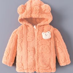 Kookie Kids Full Sleeves Front Open Hooded Fur Winter Jacket with Ears Applique & Bear Patch Detailing - Orange-7