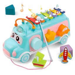 VELLIQUE Multiactivity Baby Toy Bus with Xylophone- Shape Sorter & Pull Along, Educational Toy for Babies & Toddlers- 8 Pcs -Blue-25