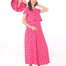 Bella Mama Cotton Knit Half Sleeves Concealed Zipper Floral & Rainbow Print Nighty - Pink-picture-13