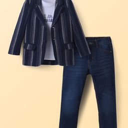 Pine Kids Knit Text Printed T-Shirt & Jeans with Full Sleeves Blazer - Navy Blue & White-image-29