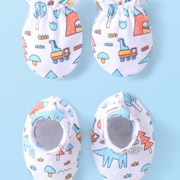 Babyhug 100% Cotton Interlock Knit Dino Printed Mittens & Booties Set - White-19