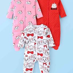 Babyhug Disney Interlock Knit Full Sleeves Sleep Suits with Stripes & Aristocats Graphics Pack of 3 - Pink Red & White-image-57