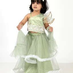 Elaisha Sleeveless Sequin Embroidered Top & Ruffled Edges Layered Net Skirt With Dupatta Set - Green-picture-19
