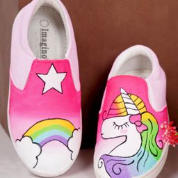 IMAGINO Rainbow & Unicorn Hand Painted Slip On Shoes - Pink-image-81