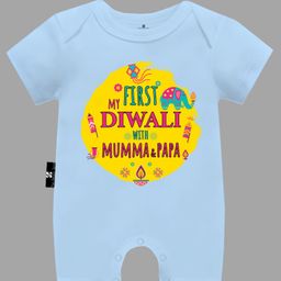The Peppy Tend Diwali Theme 100% Cotton Half Sleeves My First Diwali With Mumma Papa Text Printed Half Romper - Blue-picture-42