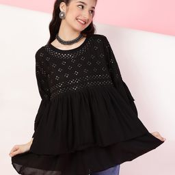 ISHTI Rayon Three Fourth Bell Sleeves Floral Embroidered & Sequins Embellished Top - Black-picture-23
