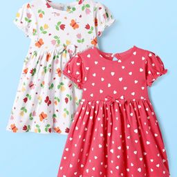 Babyhug Cotton Knit Puffed Sleeves Frocks Floral & Heart Print Pack of 2 - White & Dark Pink-image-90