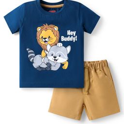 Babyhug Half Sleeves T-Shirt & Woven Shorts Set with Animal & Text Print - Beige & Navy Blue-image-35