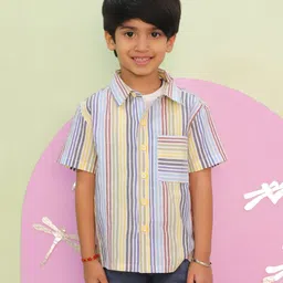 The Mom Store Cotton Half Sleeves Striped Shirt - Blue & Yellow-picture-26