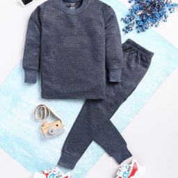 TOONYPORT Woollen Blend Full Sleeves Self Striped Printed Thermal Tee & Coordinating Pant Set - Blue-image-59