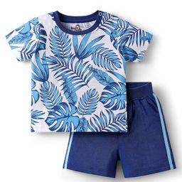 Doodle Poodle 100% Cotton Knit Half Sleeves Leaves Printed T-Shirt & Shorts Set with Tape Detailing - Navy Blue-picture-40