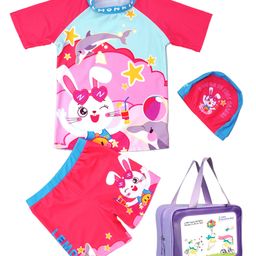 Little Surprise Box Spandex Half Raglan Sleeves Baby Rabbit Printed Coordinating Tee Shorts & Cap Set With Bag - Pink-27