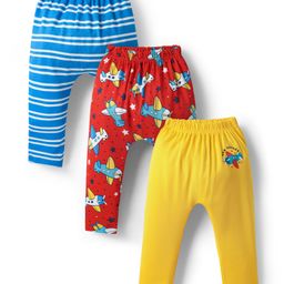 Babyhug Cotton Knit Full Length Diaper Leggings with Aeroplane Print & Stripe Design Pack of 3 - Red Blue & Yellow-image-10