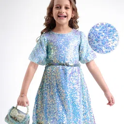 Hola Bonita Knit Half Sleeves Party Dress with Sequin Detailing & Belt - Light Blue-picture-26