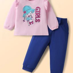 Doodle Poodle 100% Cotton Knit Full Sleeves T-Shirt & Trouser Set With Text Print - Pink & Navy Blue-picture-10