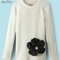 Arias Knit Raglan Full Sleeves Pullover Sweater With Flower Applique - White-picture-12