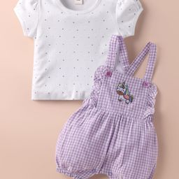 ToffyHouse Corduroy Woven Half Sleeves Tee & Dungaree Set With Checks and Unicorn Embroidery - Plum & White-image-18