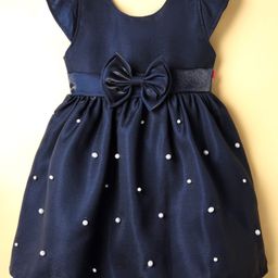 Tweetoons Woven Cap Sleeves Party Dress with Pearl Detailing & Bow Applique - Navy Blue-image-32
