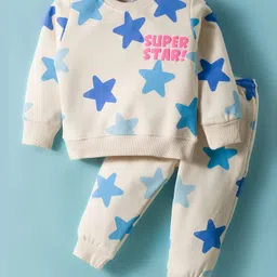 Smarty Girls Fleece Knit Full Sleeves Winter Night Suit with Star Print - Blue-picture-17