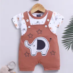 Jb Club Cotton Knit Elephant Embroidered Dungaree With Half Sleeves Tee - Brown-picture-3
