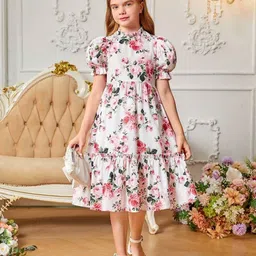Billion Girl's Floral Printed High Neck Puff Sleeves Fit & Flare Knee Length Dress-29