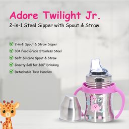 Adore Twilight Jr. 2 Stage Stainless Steel Straw Sipper with Twin Handle 150ml - Pink image 4