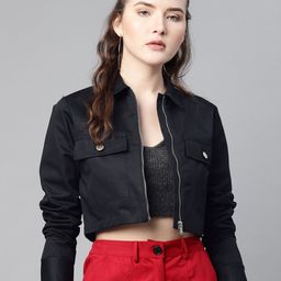 Popnetic Women Black Solid Pure Cotton Crop Jacket-image-33
