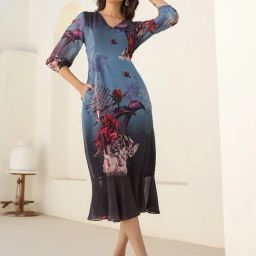 Janasya Grey Georgette Floral Dress-image-29