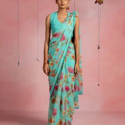 MIRCHI FASHION Sky Blue Floral Saree with Blouse Piece-picture-10
