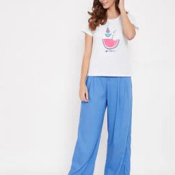Clovia Light Grey & Blue Printed T-Shirt With Pyjamas-image-29