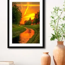 999Store Green MDF River View with Sunset Printed Paper Wall Painting - Set of 1-24