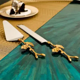 Home4U 'Pristine ' Silver & Golden Brass Knife with Cake Server-19