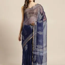 Kalakari India Blue Printed Saree With Unstitched Blouse-picture-40