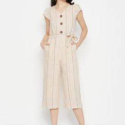 Duke Beige Cotton V Neck Striped Jumpsuit-image-44