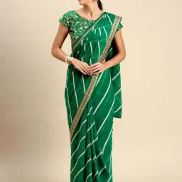 Satrani Green Striped Saree With Unstitched Blouse-image-31
