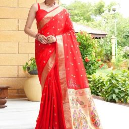 Satrani Red Woven Saree With Unstitched Blouse-image-38
