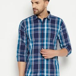Duke Blue Cotton Slim Fit Checks Shirt-image-98