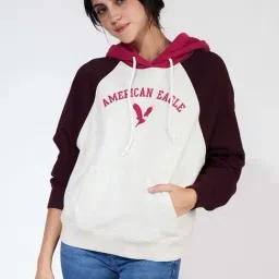 American Eagle Outfitters Off-White & Brown Cotton Printed Hoodie-image-8