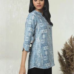 Soch Blue Linen Regular Fit Printed Tunic image 3