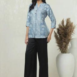 Soch Blue Linen Regular Fit Printed Tunic image 4