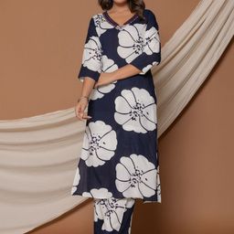 IkDaiya Floral Printed V-Neck Mirror Work Pure Cotton Kurta With Trousers-picture-43