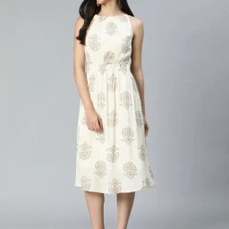 Oxolloxo Beige Printed Fit & Flare Dress-picture-24